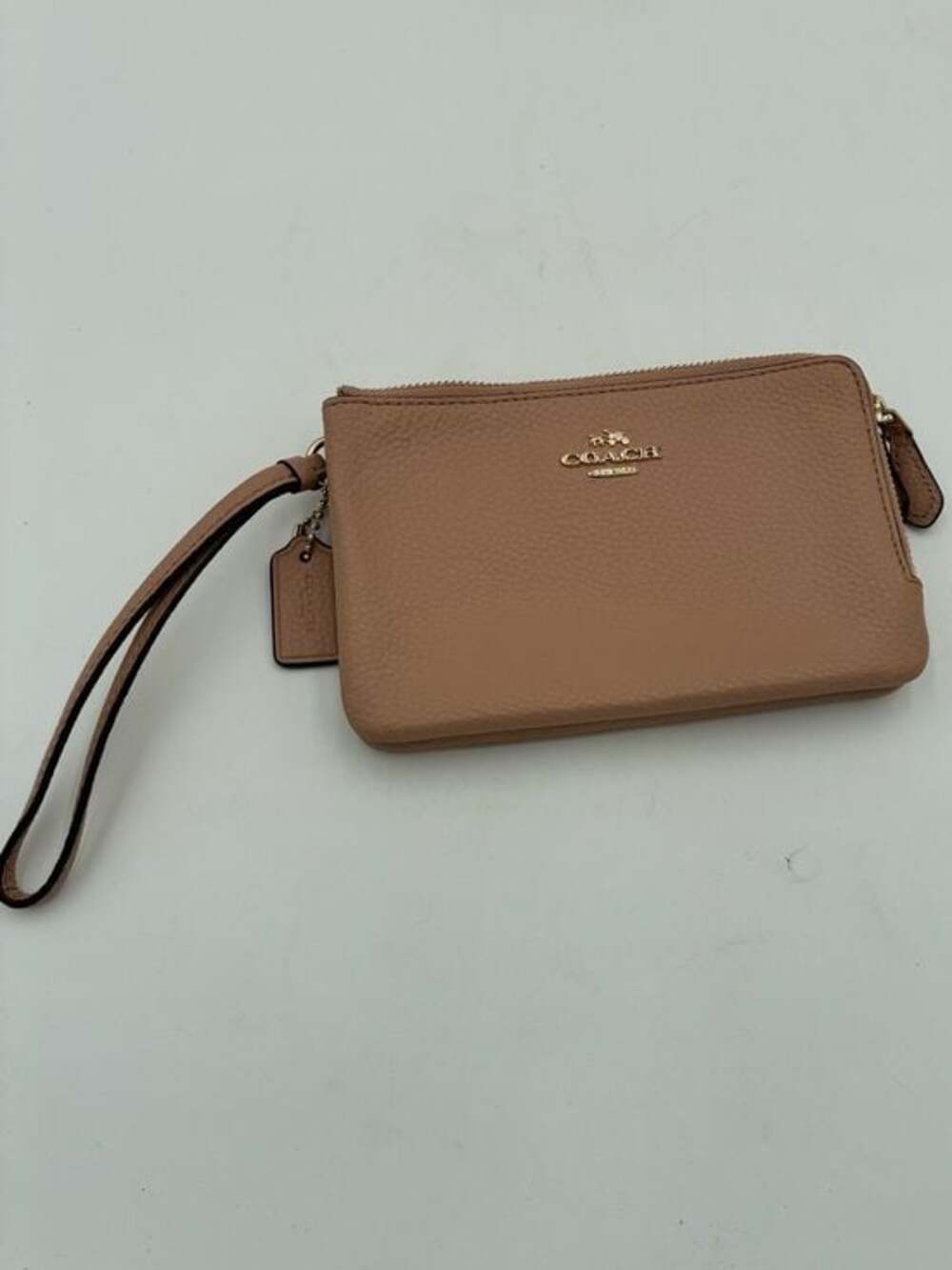 Coach Pebbled Leather Wristlet in Taupe with Gold Hardware